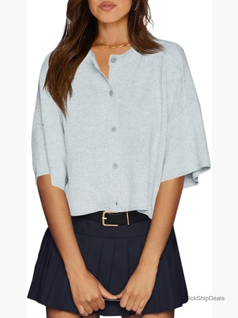 Half Sleeve Cropped Button Down Cardigan Sweater - Oversized Lightweight Ribbed